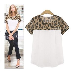 White/Leopard Print Short Sleeve High Low Top